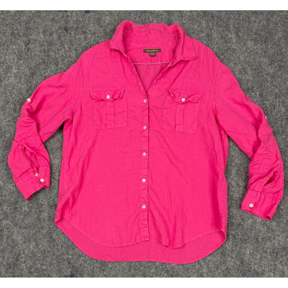Tommy Bahama Womens XL Hot Pink Linen Roll Tab Sleeve Button Down Shirt Pockets